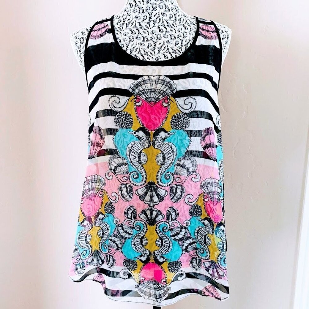Bisou Bisou Sheer Tank Top Colorful Seashells and Seahorses - Size Medium - Picture 4 of 7